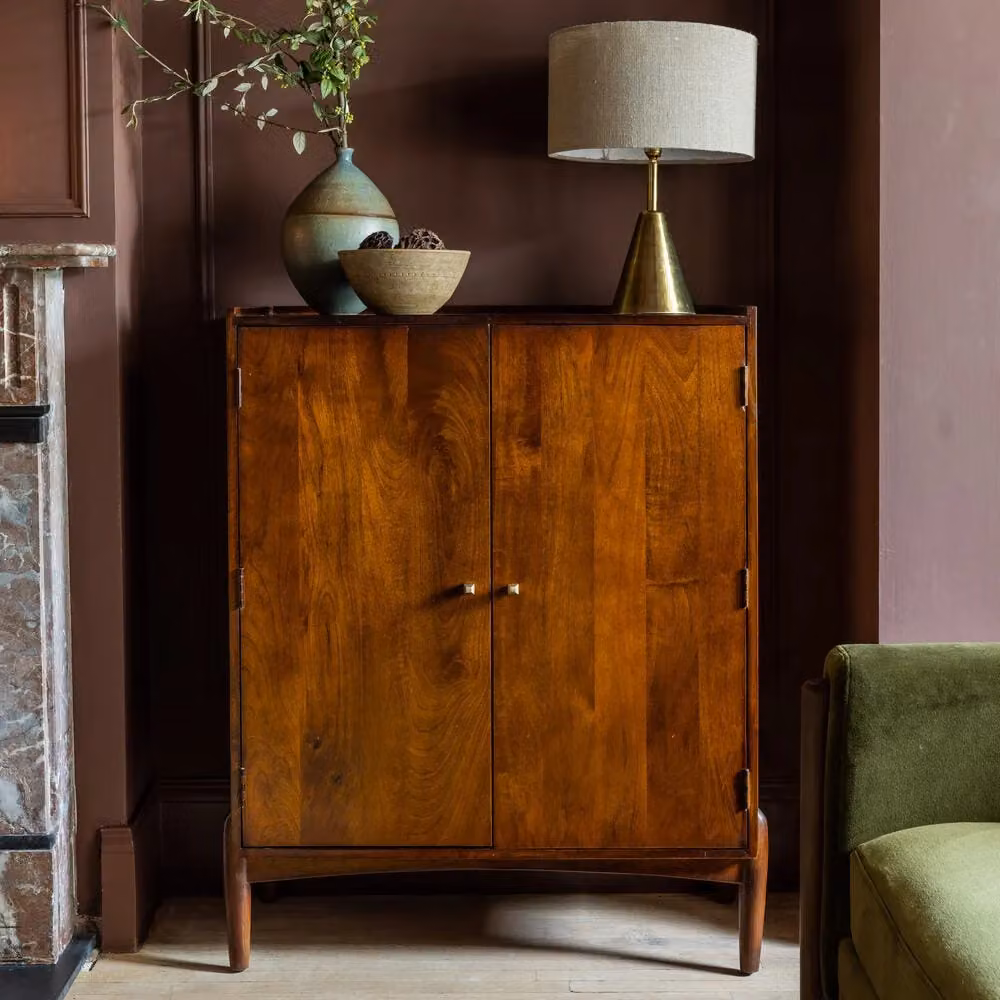 Atkin & Thyme Quinn Mid-Century Mango Wood Bar Cabinet in Brown
