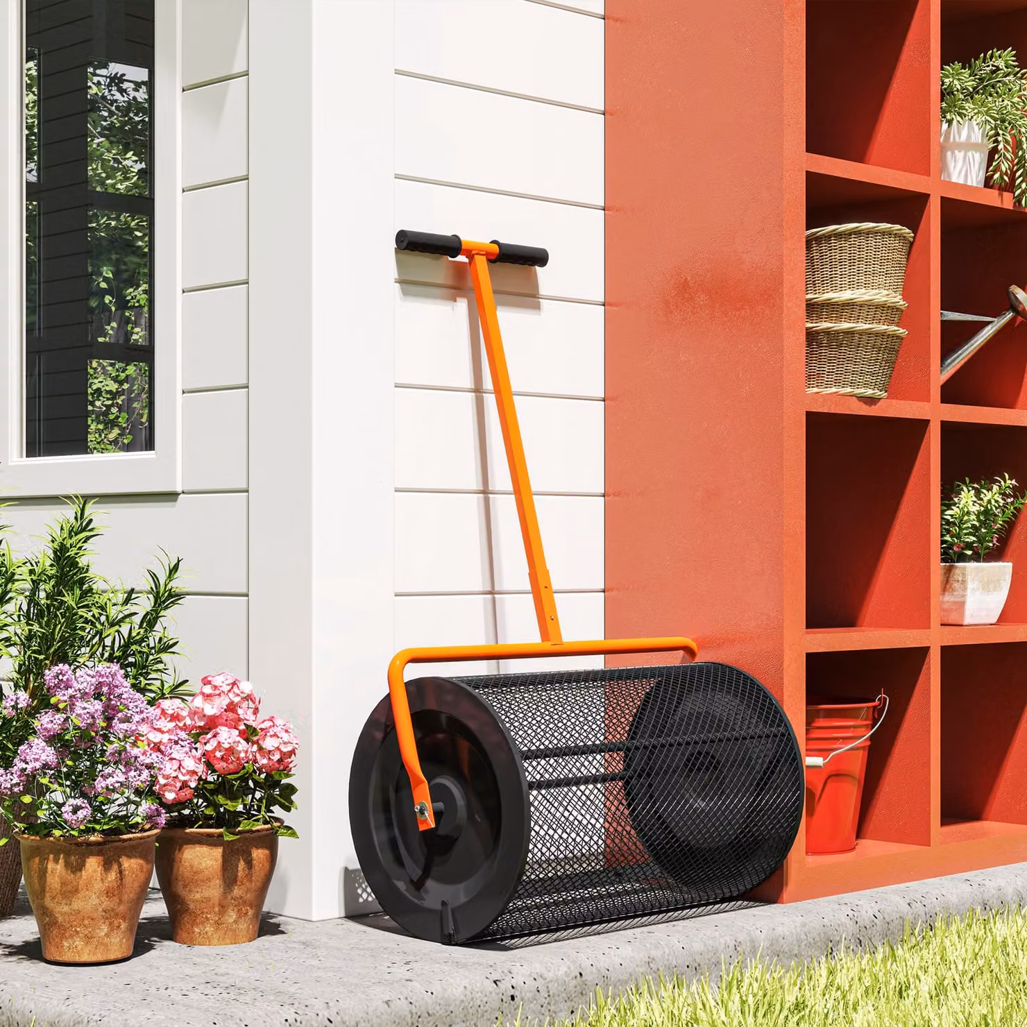 Outsunny Compost Spreader with Height Adjustable T-Shaped Handle and Metal Mesh Basket, Orange, Diameter: 60.96 cm – 6