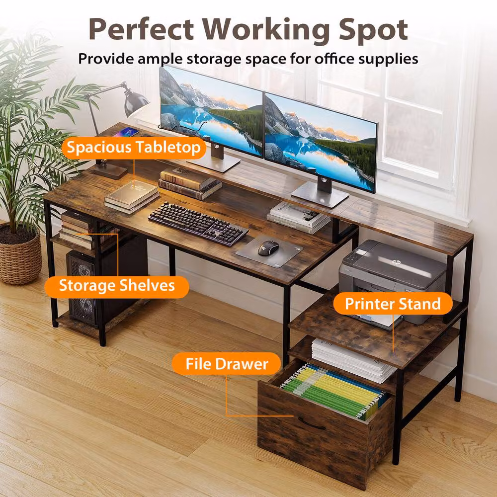 Gymax Brown Industrial Computer Desk with Multi-tiered Serving Tiers and Charging Station – 7