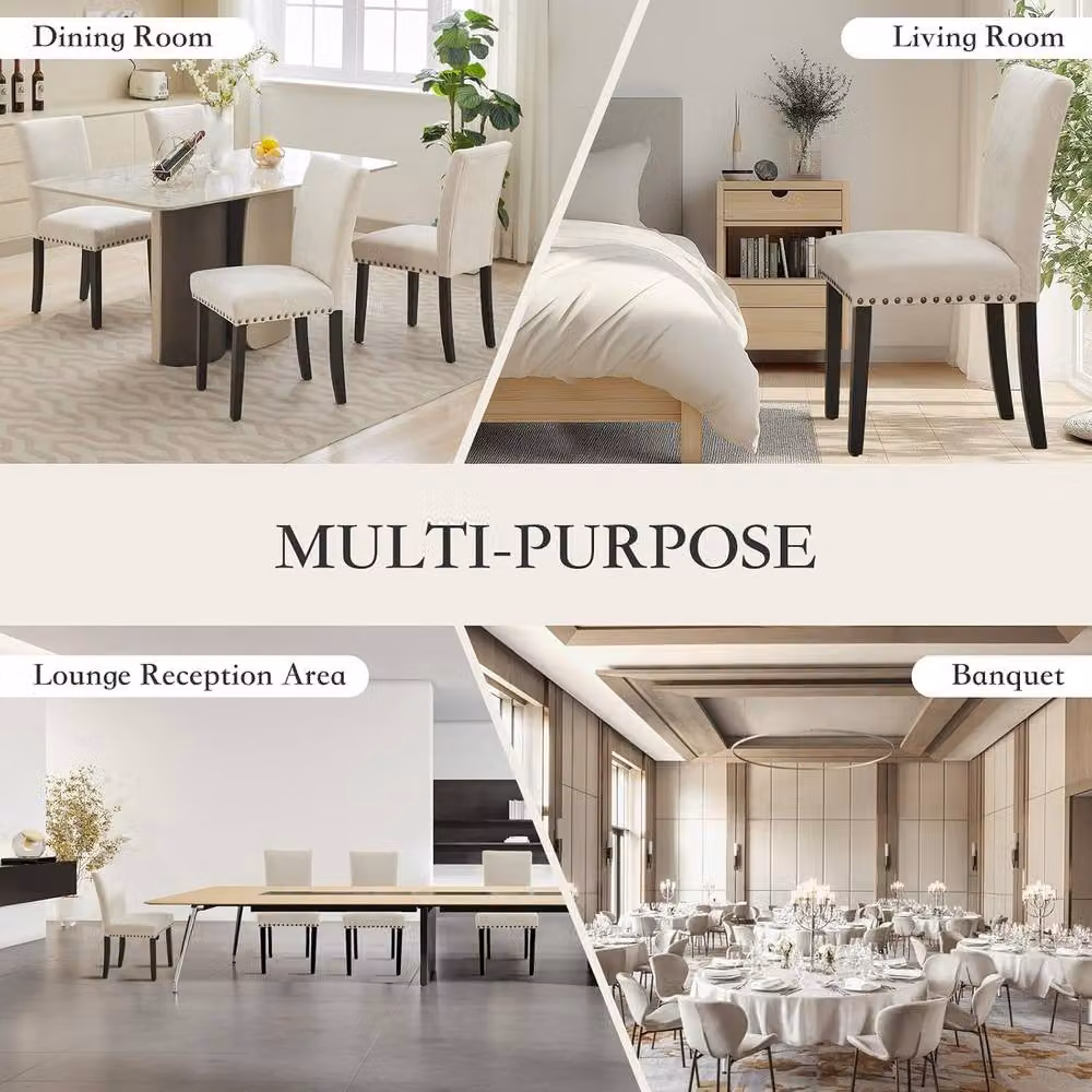 London Boutique Set of 2 Beige Upholstered Armless Dining Chairs with Rubberwood Legs – 4