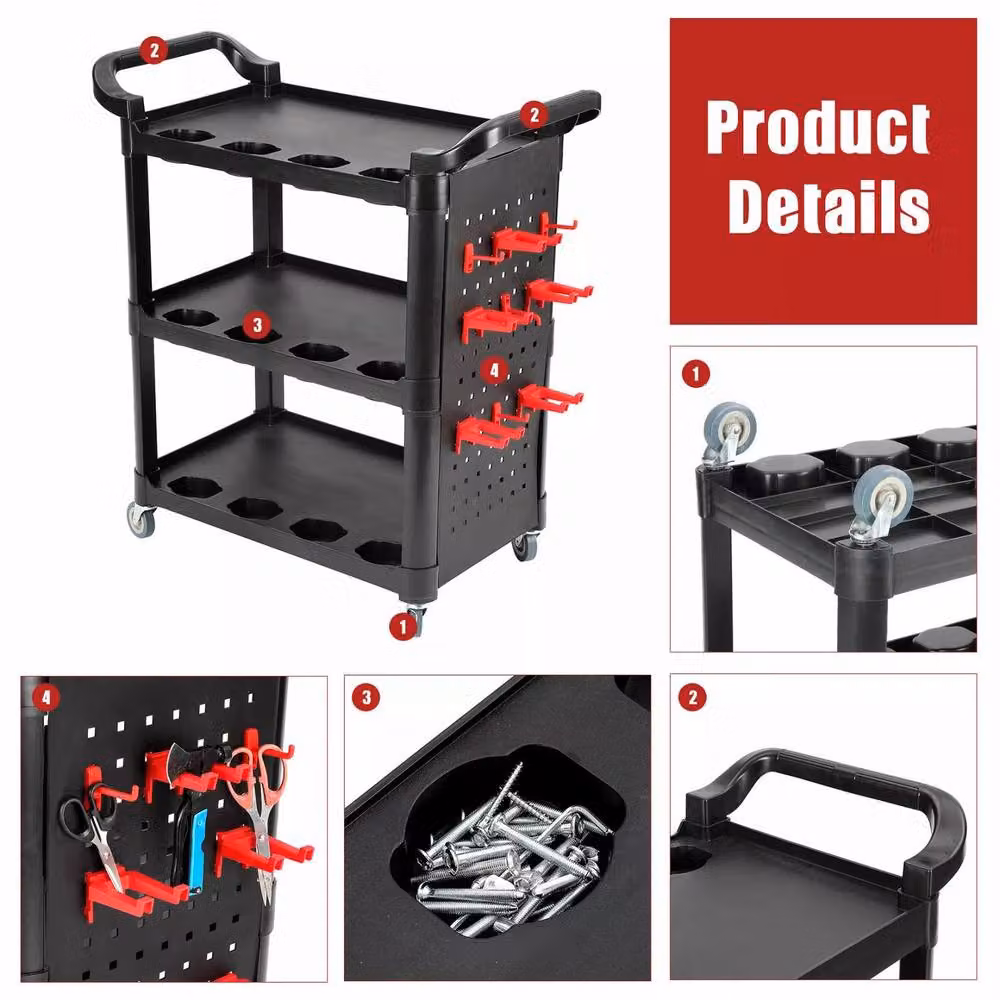Dprodo 3 Tier Plastic Rolling Detailing Tool Cart, Black, W: 60 cm, D: 60 cm, H: 150 cm – 3