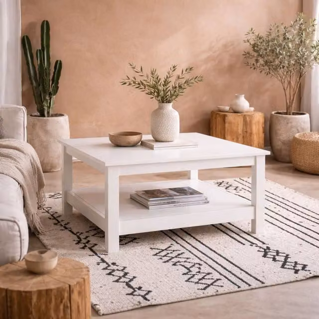 Wyld Haus Gossmere White Wooden Square Coffee Table with Bottom Shelf