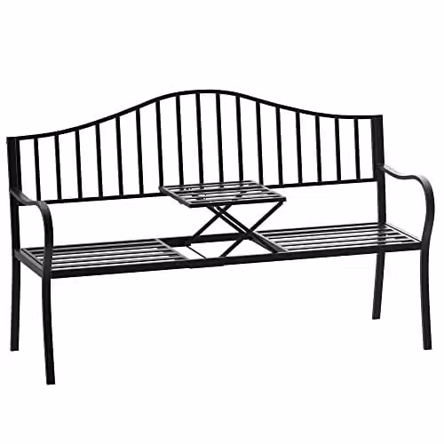 Outsunny 2 Seater Metal Garden Bench with Foldable Middle Table in Black – 1