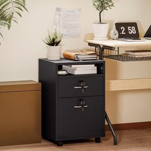 HOMCOM Lockable Filing Cabinet with 2 Drawers and Open Shelf in Black – 2