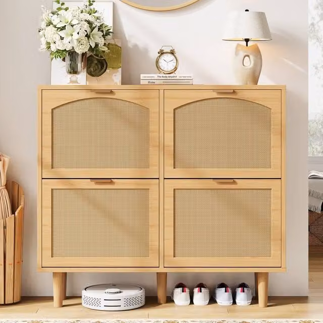 ModernLuxe Narrow Rattan Shoe Cabinet in Light Oak with 4 Drawers and Hinged Doors, W/D/H: 100 x 25 x 90 cm