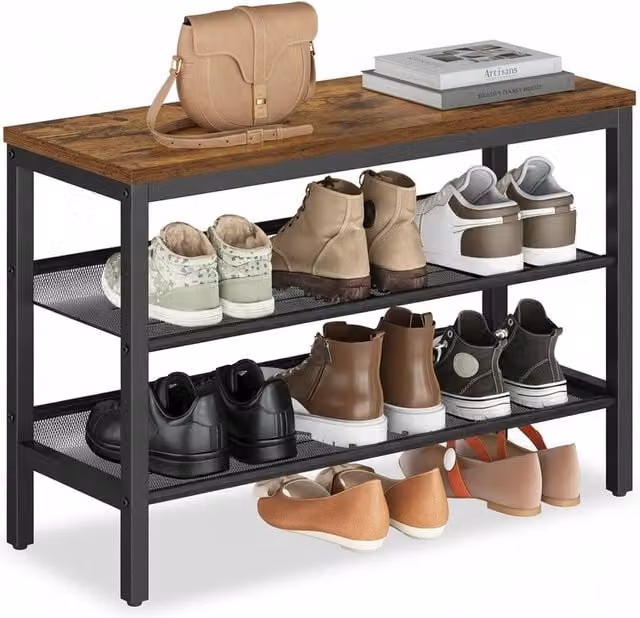 FORGEVIO 3 Tier Industrial Shoe Rack Bench in Vintage Brown and Black, W: 75 cm, D: 28 cm, H: 50 cm – 1