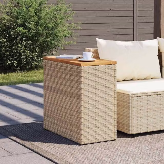Berkfield Home Beige Poly Rattan Garden Side Table with Oiled Acacia Wood Top W/D/H: 58 x 27.5 x 55 cm – 1