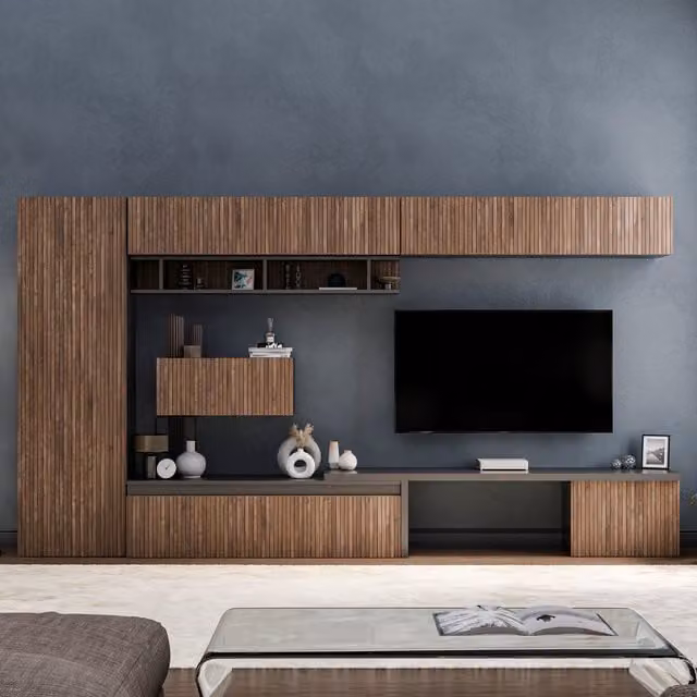 Decorotika Cardiff Wall Mounted Modern Entertainment Center in Black and Brown with Geometric Stone and Wood Design