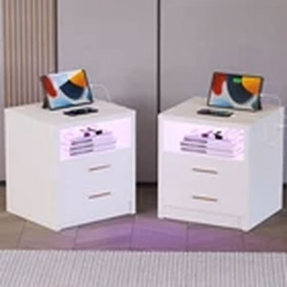 EONLION White Modern Glossy LED Nightstand with 2 Drawers and Integrated Lighting – 3
