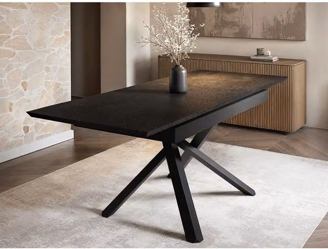 Solace+Co Lexi Modern Rectangular Extendable Dining Table with Black Ceramic Top and X-Frame Base