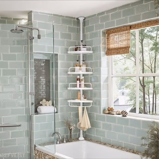SONGMICS Adjustable 4-Tier Corner Shower Shelf in White Metal
