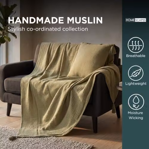Homescapes Sage Green Muslin Cotton Square Cushion with Removable Cover, W/D/H: 45 x 45 x 45 cm – 5