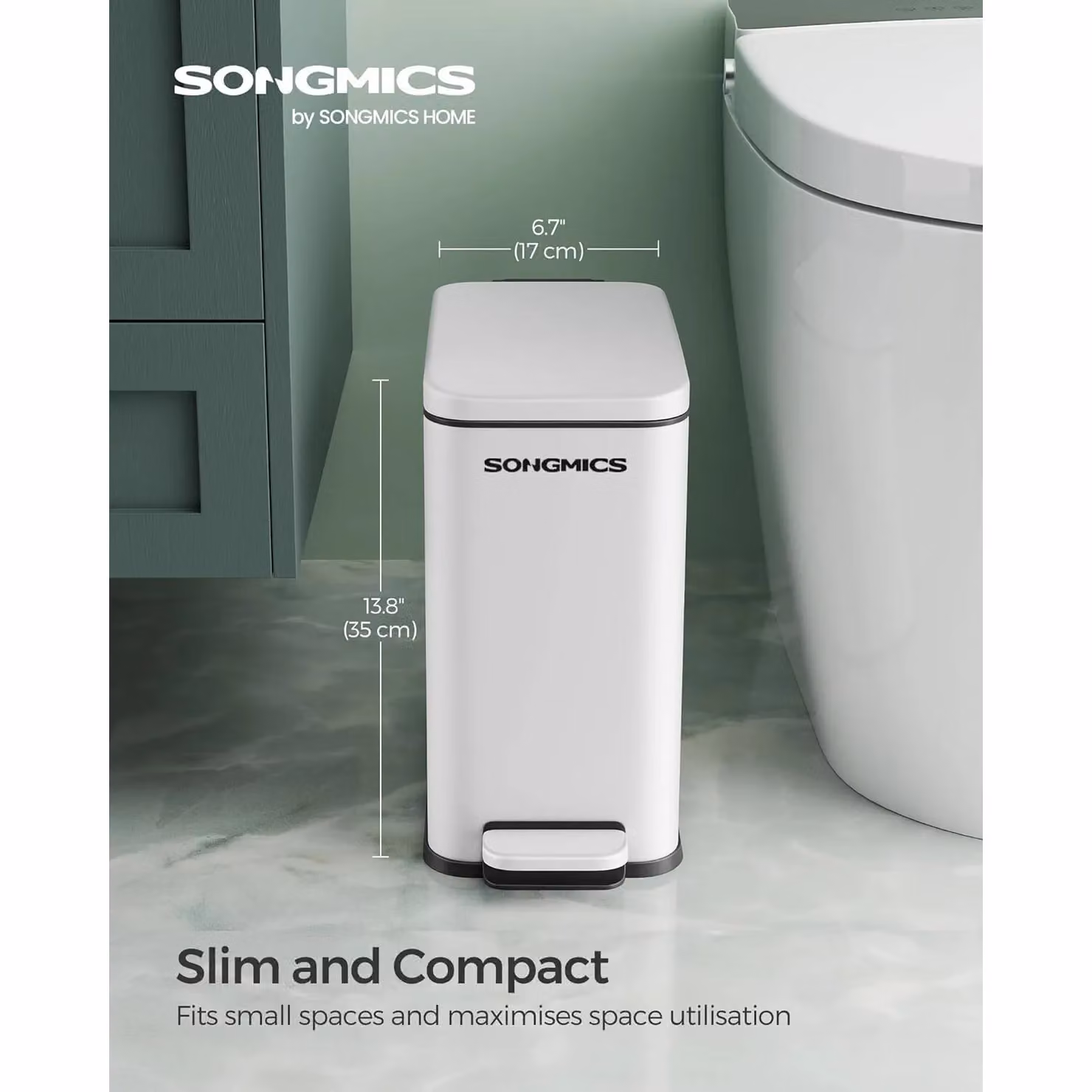 SONGMICS Slim Small Pedal Bin with Soft Close Lid and Removable Inner Bucket, White Steel – 2