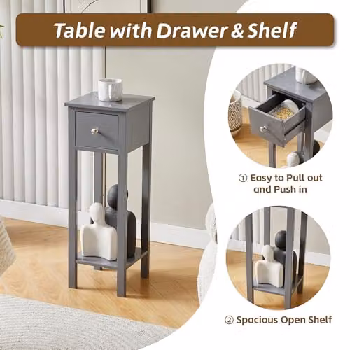 Amelia by MCC Set of 2 Slim Solid Wooden Bedside Tables in Grey with Open Shelf and Drawer – 2