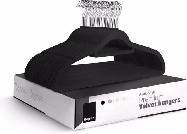 Keplin Non-Slip Velvet Flocked Hangers in Black with Swivel Hook and Space-Saving Design (Pack of 30)