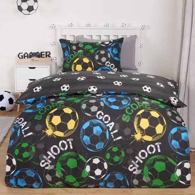 OHS Reversible Football Duvet Cover and Pillowcase Bedding Set for Children, Black and Multicolour, W/H: 90 x 200 cm