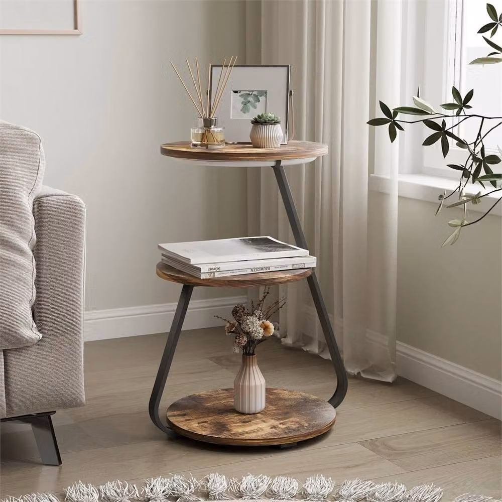 Havendro 3 Tier Brown Rustic Wood Bedside Table with LED Light and Sled Base – 3