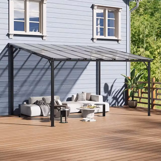 Livingandhome Wall-Mounted Lean-to Patio Canopy Gazebo in Dark Grey and Black, W: 300 cm, D: 420 cm