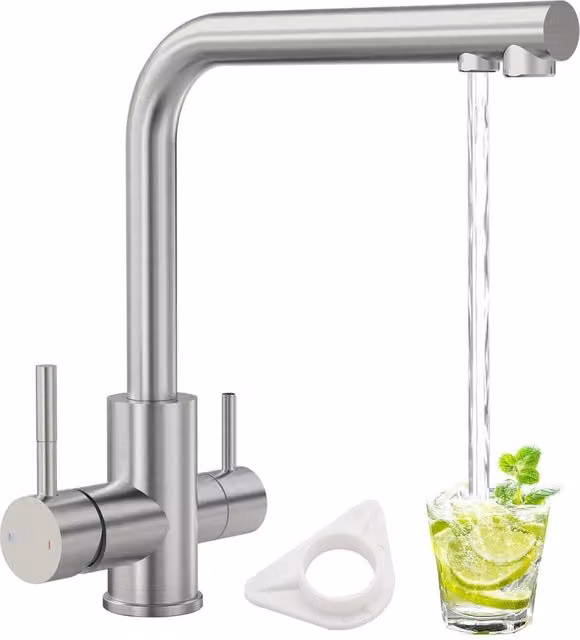 JANLEMNY 3-in-1 Filtered Water Kitchen Tap with Dual Lever and Swivel Spout in Brushed Silver Stainless Steel