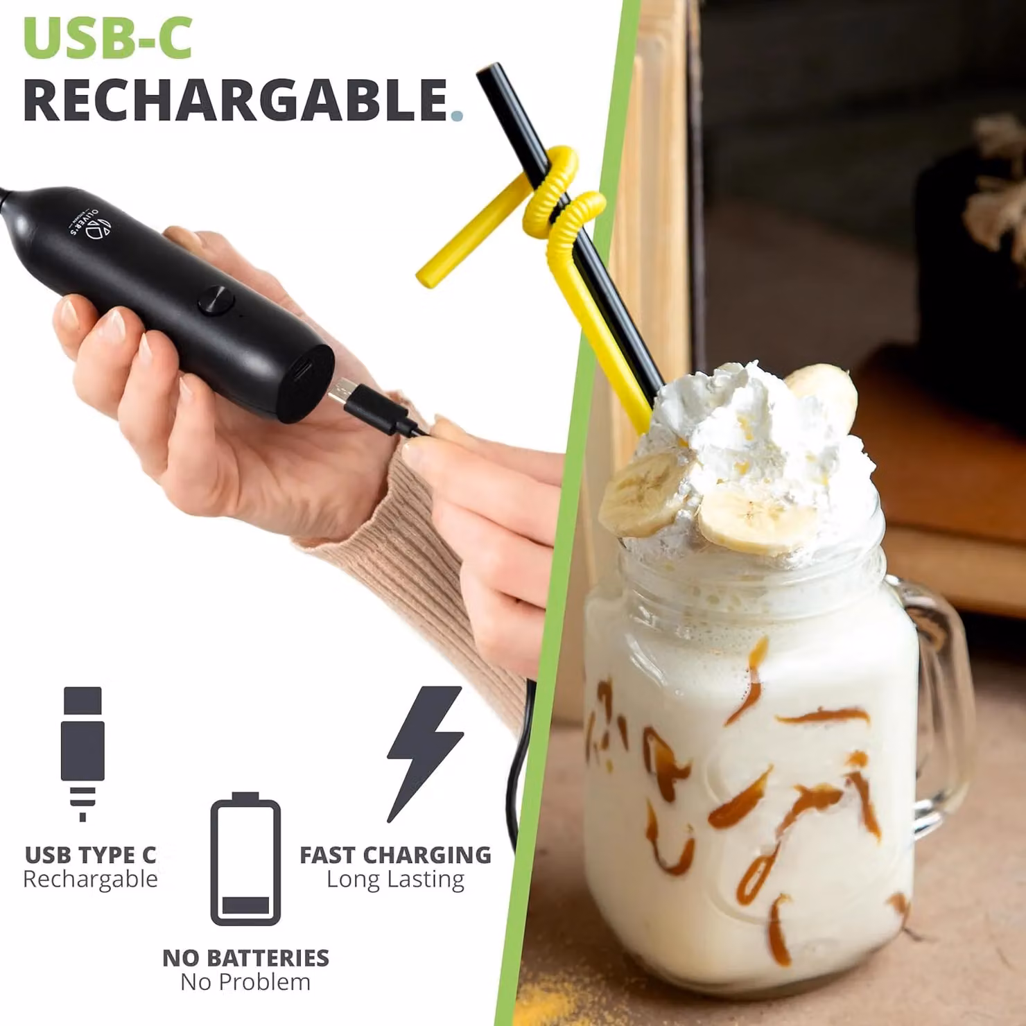 Oliver's Kitchen Handheld Rechargeable USB-C Milk Frother in Black – 4