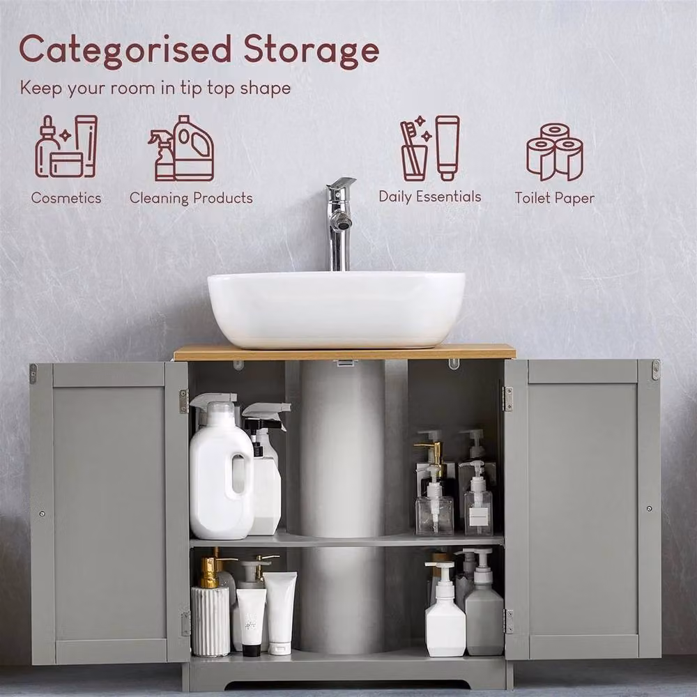 Kelvenix Modern Grey Matt Freestanding Bathroom Under Basin Sink Cabinet with Hinged Doors and Internal Shelves – 3