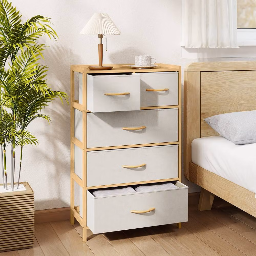 Gymax 5-Drawer Bamboo Vertical Chest of Drawers with Top Shelf in Light Beige – 3