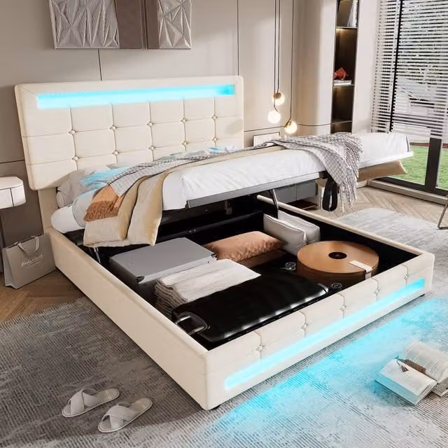 Merax Double Velvet Ottoman Storage Bed with Under-Bed Lighting and Tufted Headboard in Beige