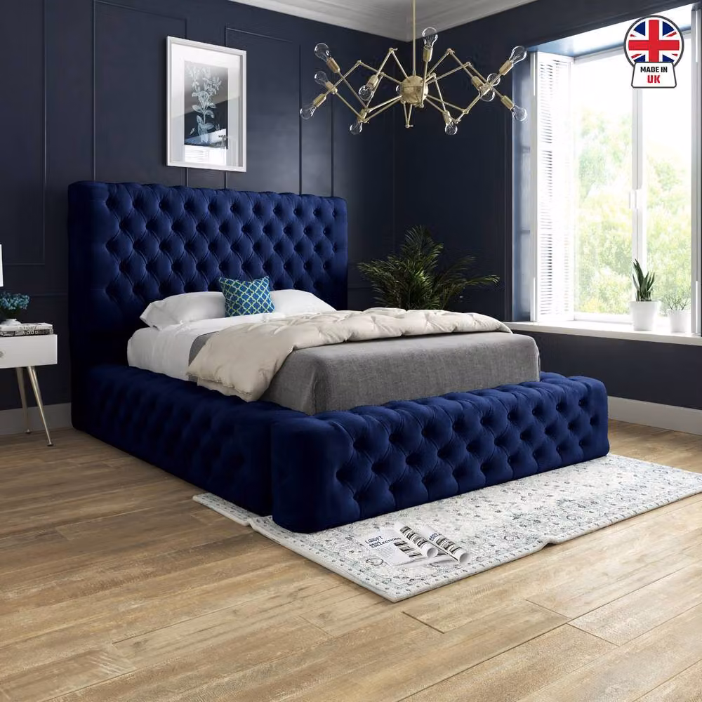 KDMD Lockerbie Blue Velvet Pleated Upholstered Chesterfield Bed Frame, W: 140 cm, L: 200 cm – 3