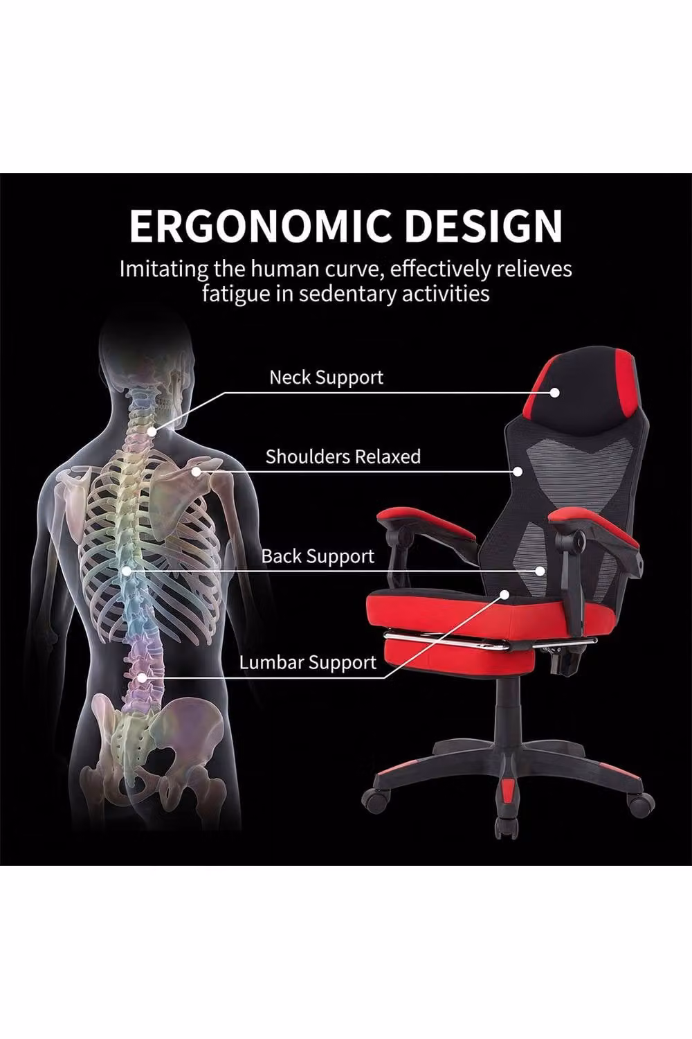 Living and Home Ergonomic High Back Gaming Office Chair with Footrest, Red and Black Fabric – 3