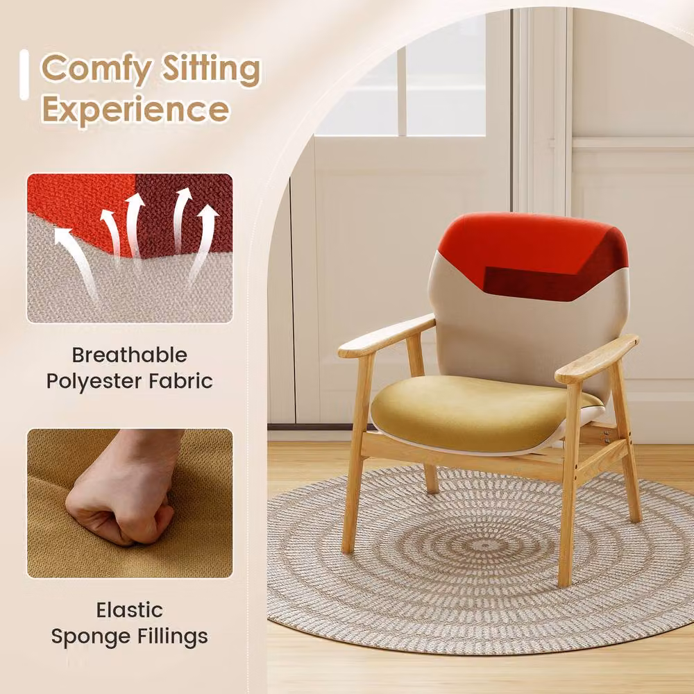 Gymax Modern Upholstered Accent Chair with Armrests and Solid Rubberwood Frame in Multicolour – 3