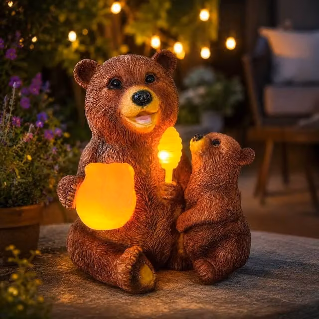 Marco Paul Solar Mama Bear and Cub Hand Painted Brown Resin Garden Statue – 1