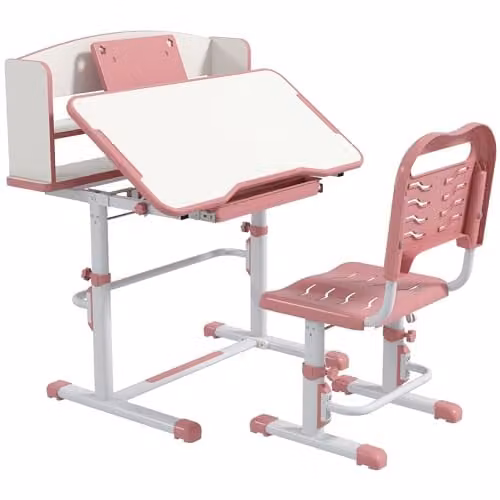 ZONEKIZ Height Adjustable Kids Desk and Chair Set with Tilting Top and Shelf, Pink