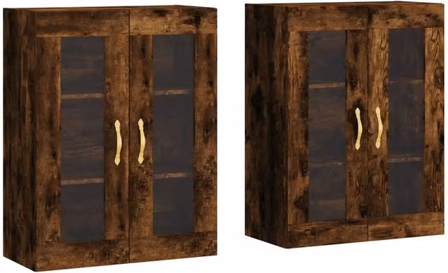 Berkfield Home Set of 2 Wall Mounted Cabinets in Smoked Oak and Brown with Glass Doors