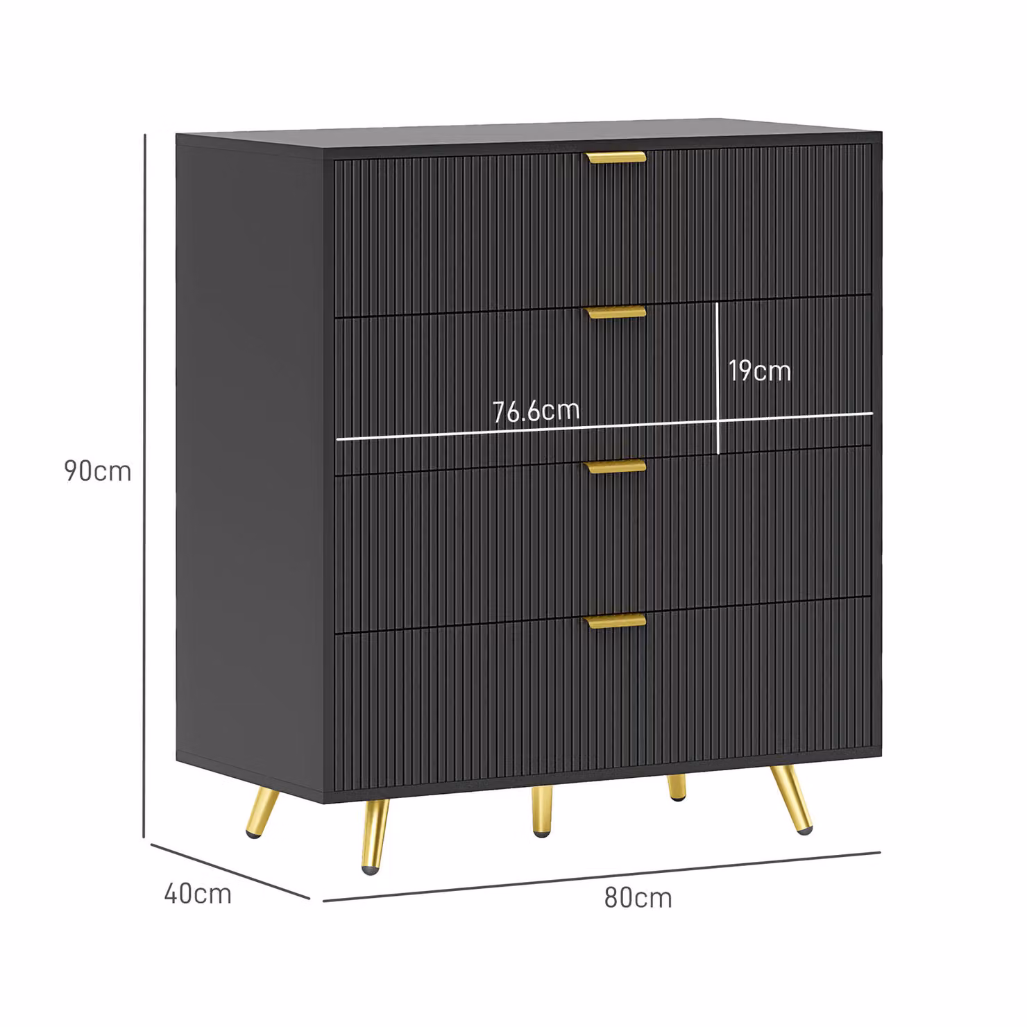 HOMCOM Black Fluted Bedroom Chest of Drawers with 4 Drawers and Gold Tone Handles – 3