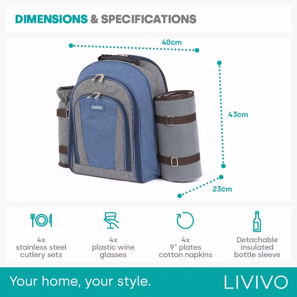 LIVIVO 4 Person Picnic Backpack Set with Blanket, Cutlery, Plates, Wine Glasses and Insulated Bottle Holder in Blue – 8