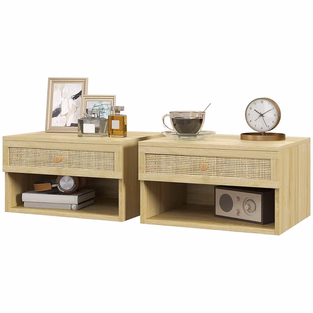 STILVORA Set of 2 Floating Bedside Tables with Drawer and Rattan Panel in Beige – 2