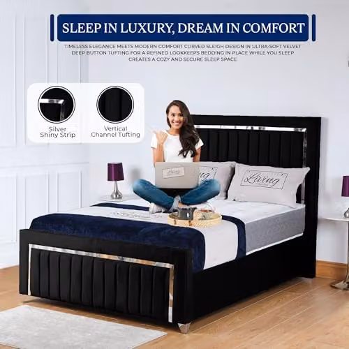 Living Comfort Bedz Zurich Plush Velvet Super King Gas Lift Storage Bed in Black with Silver Trim Detailing – 2