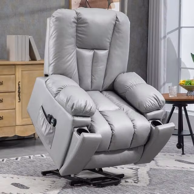 HOMCOM Grey Synthetic Leather Riser and Recliner Chair with Powered Lift Assist