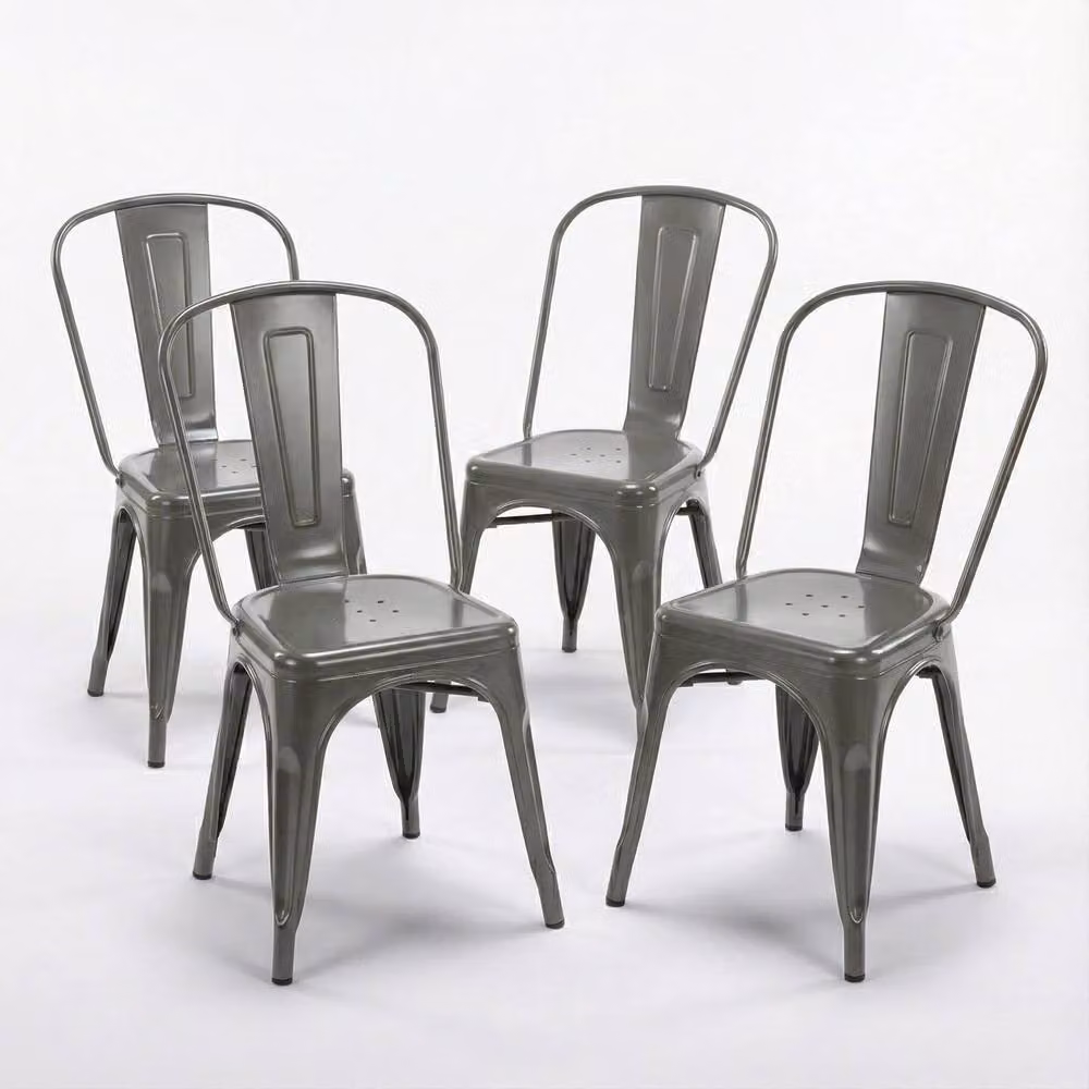 FWStyle Bistro Set of 4 Silver Glossy Powder Coated Steel Dining Chairs, H 84 x W 45.5 x D 51 cm – 2