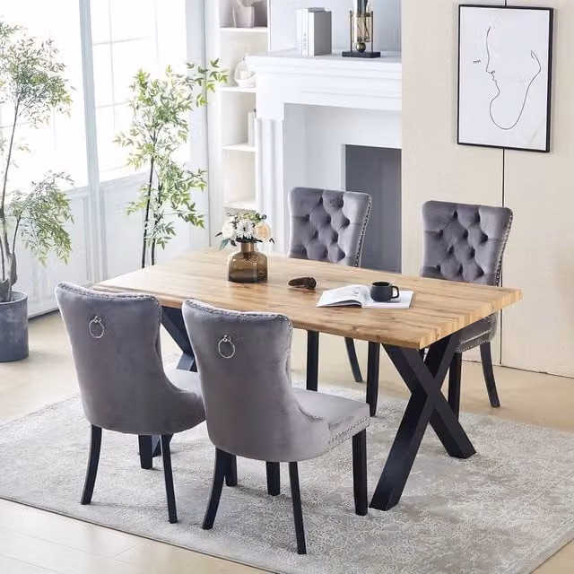 HomeTouch Weston 5 Piece Live Edge Oak Dining Table Set with 4 Grey Velvet Upholstered Chairs, W: 140 cm – 1