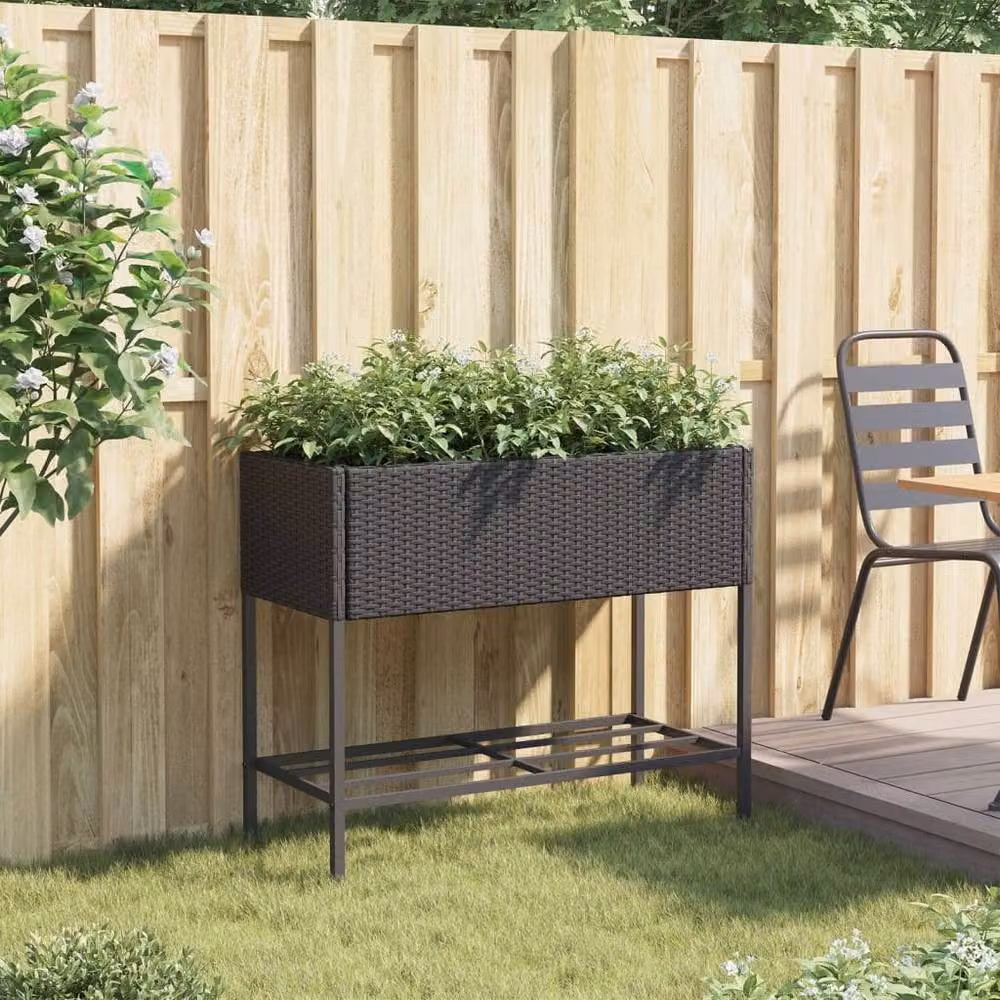 Berkfield Home Garden Planter with Shelf in Black Poly Rattan – 3