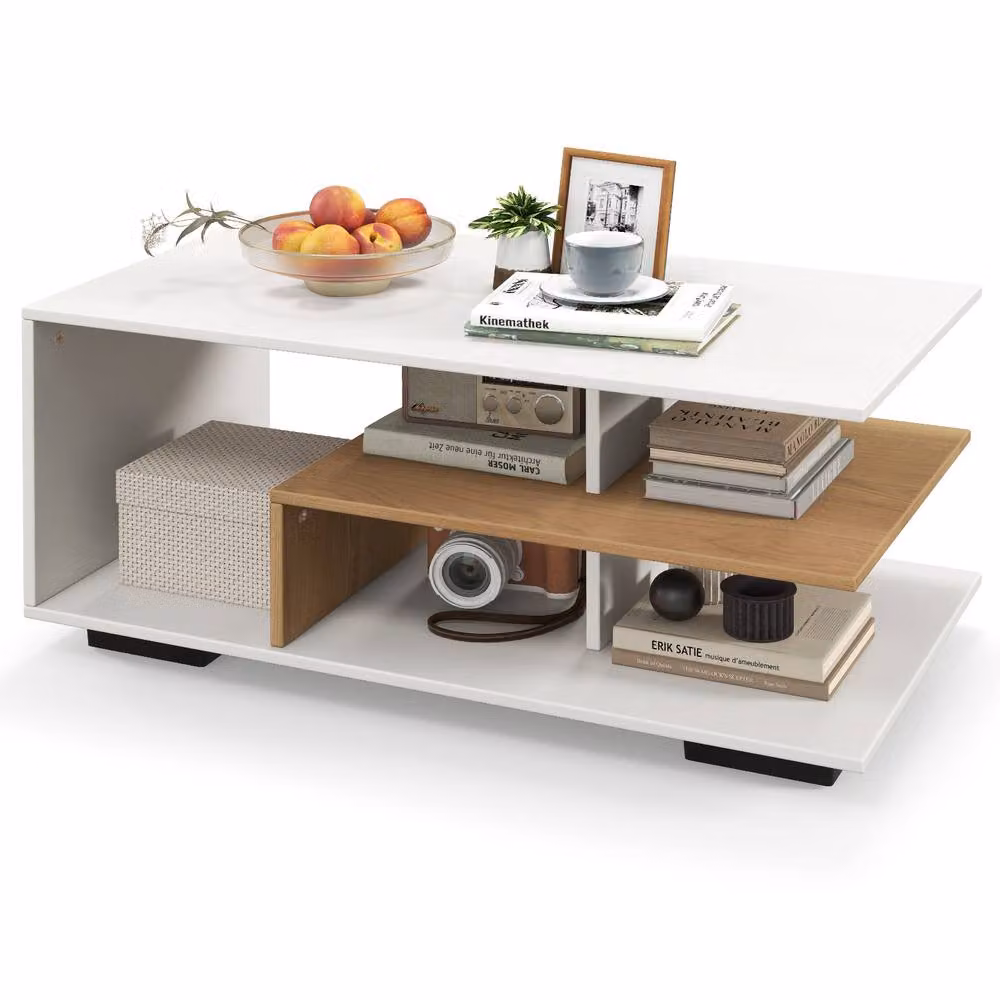 Costway Modern Rectangular Wooden Coffee Table with L-shaped Middle Shelf in White – 5