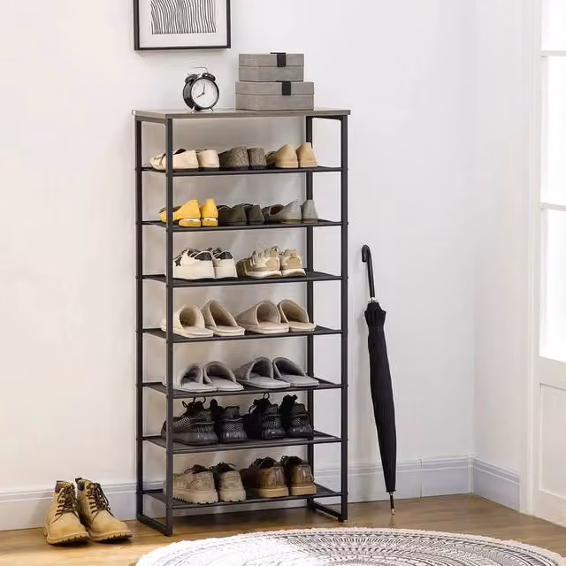 FORGEVIO 8-Tier Metal Shoe Rack Storage Organiser with Mesh Shelves in Black, W/D/H: 60 x 28.5 x 126 cm