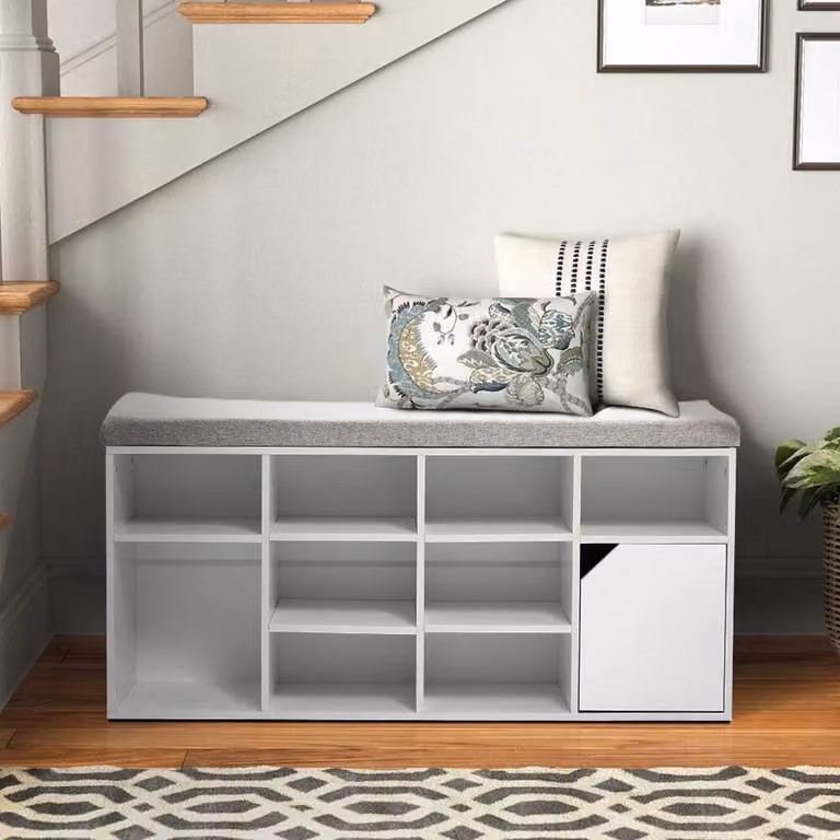 FLAVORA White Shoe Bench with Grey Fabric Cushion and Shoe Rack Storage Cabinet, Width: 50 cm