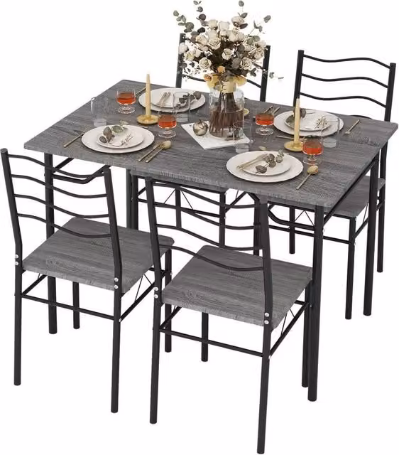 KORVIXA Dining Table and 4 Chair Set in Grey with Rustic MDF and Metal Design – 1