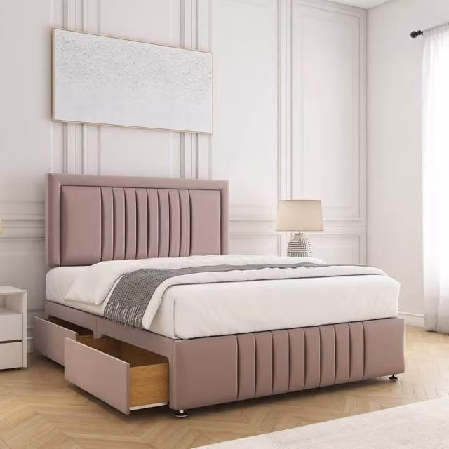 BSSPOKE Lily Plush Velvet Divan Bed with 24 inch Headboard, Footboard, 4 Drawers and Mattress in Pink, Super King, W/D/H: 200 x 200 cm