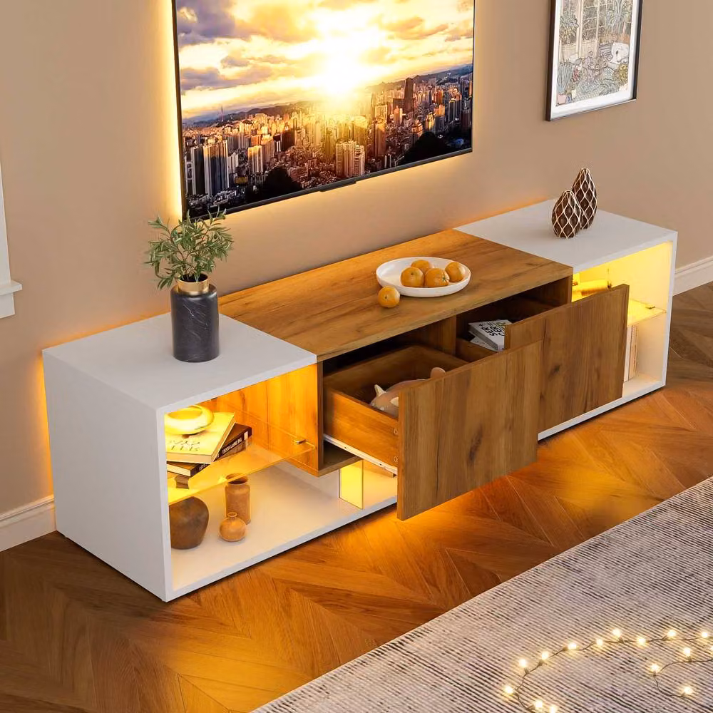 STILVORA Modern TV Stand with 2 Drawers and LED, White and Multicolour, W: 160.0 cm, D: 40.0 cm, H: 42.0 cm – 3