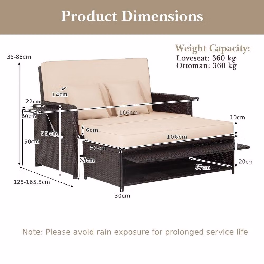 Costway Brown Polyrattan Patio Daybed Set with Loveseat Sofa, Ottoman and Side Tray – 2