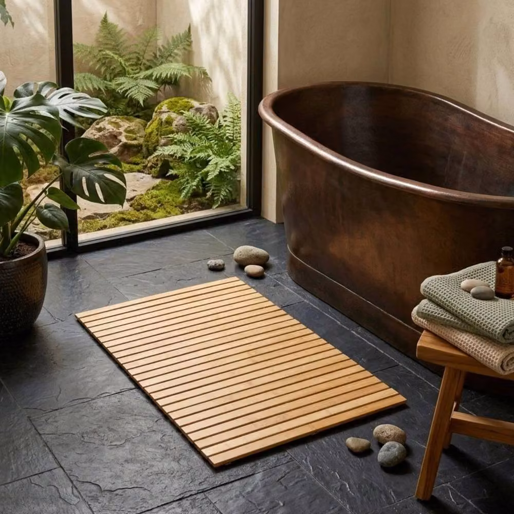 PAWNORA Non Slip Folding Bamboo Bath Mat in Natural Brown and Beige – 2