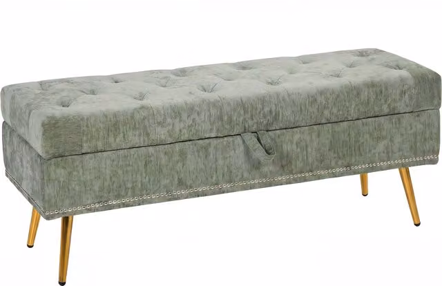 HOMCOM Chenille Upholstered Storage Ottoman with Padded Seat and Metal Legs, Green, W/D/H: 114 x 41 x 45 cm